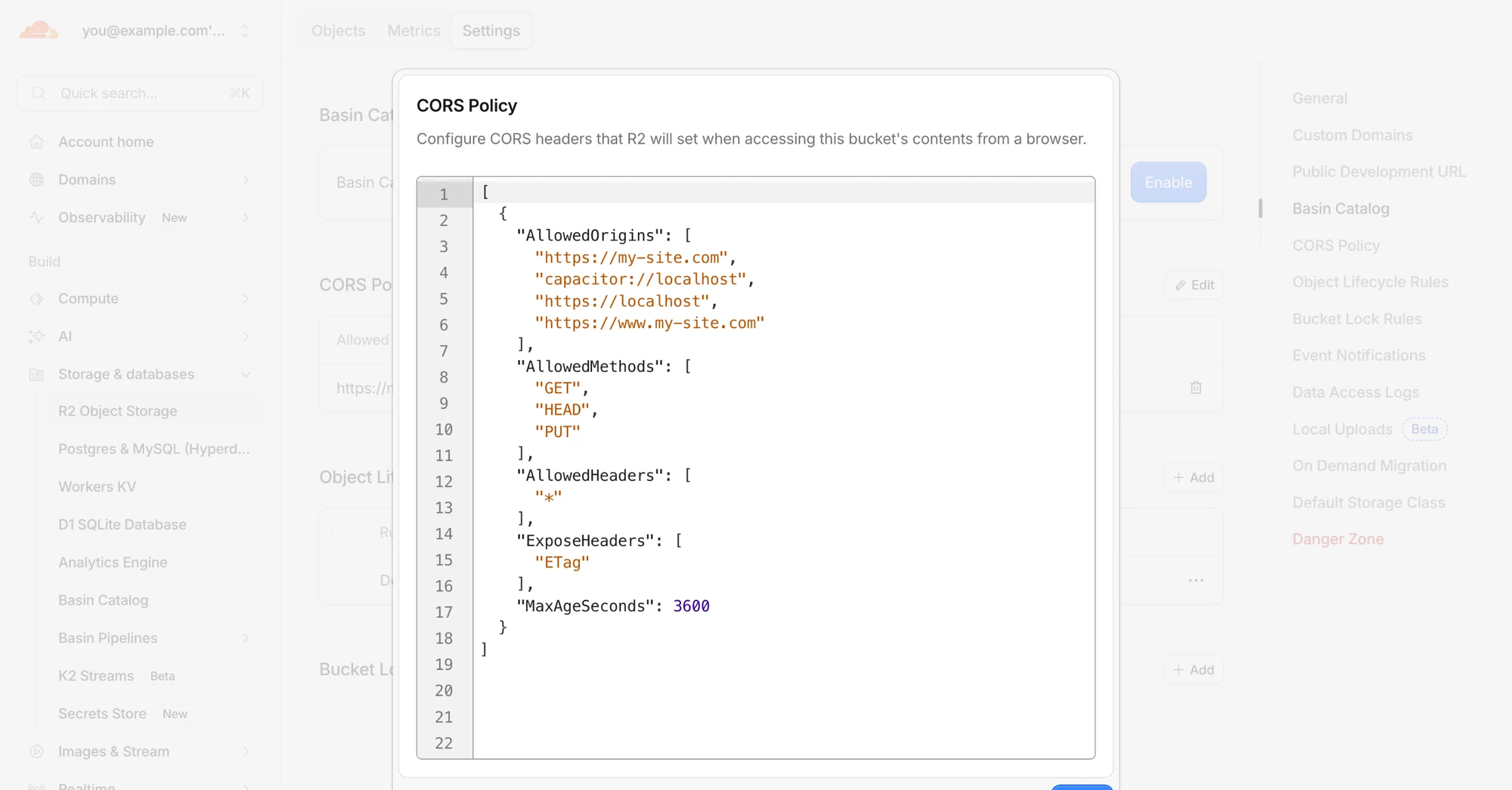 CORS Policy of the R2 bucket with the rule Better Messages added