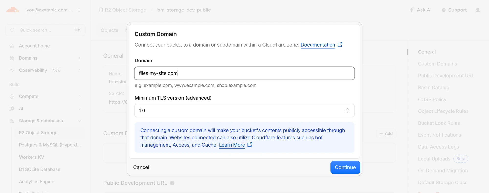Custom Domain dialog of an R2 bucket with a domain entered