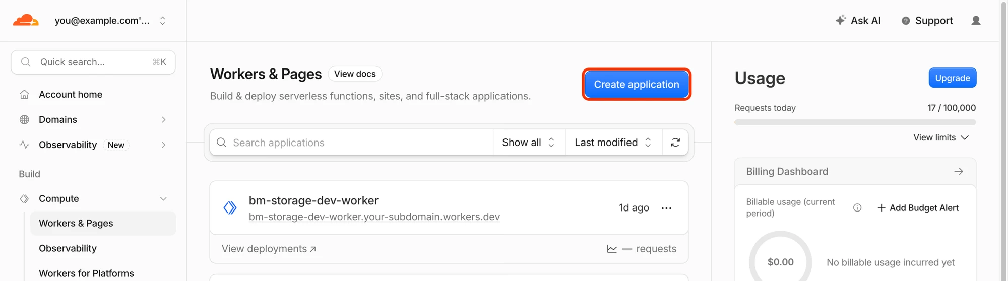 Workers & Pages with the Create application button