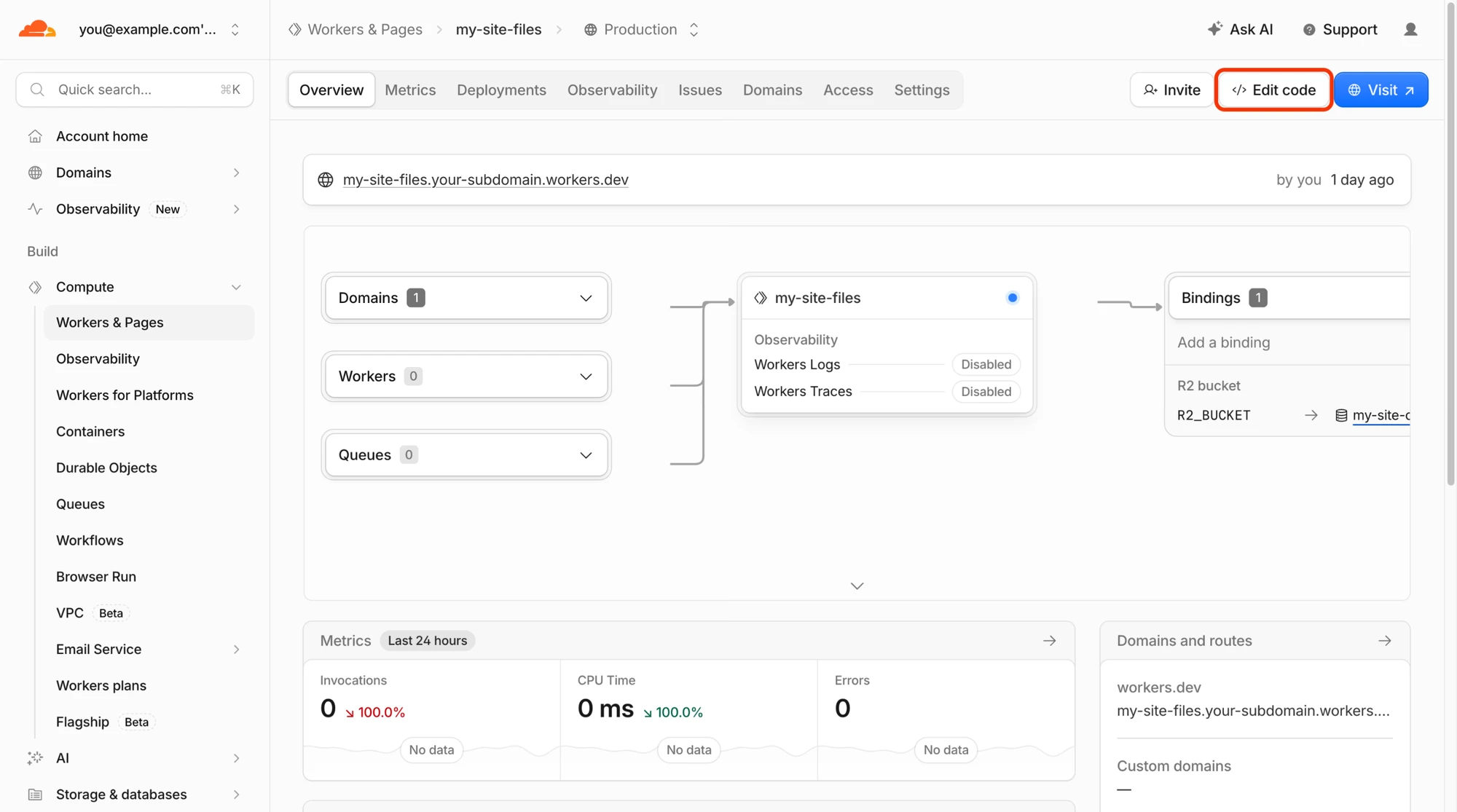 The Worker's overview page with the Edit code button