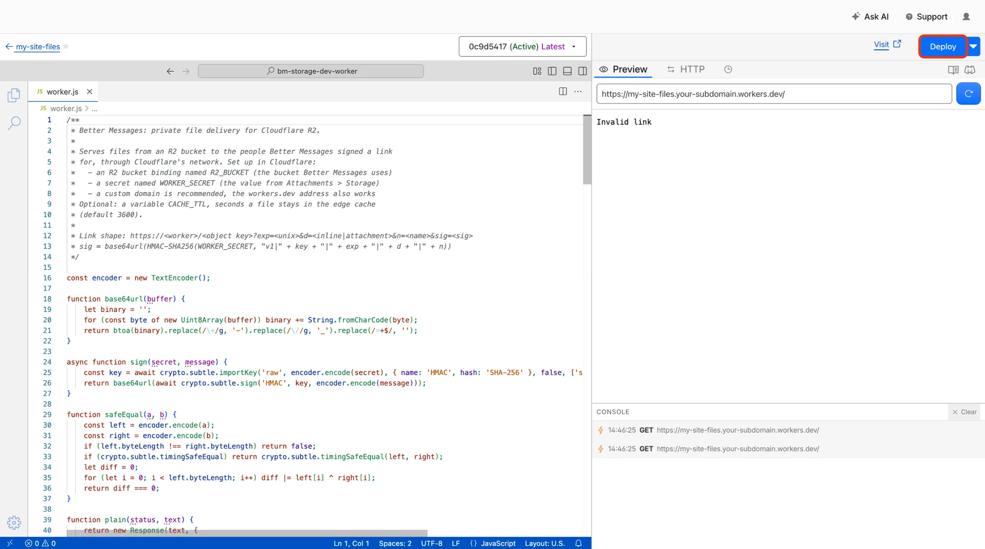 The Worker code editor with the Better Messages script pasted and the Deploy button