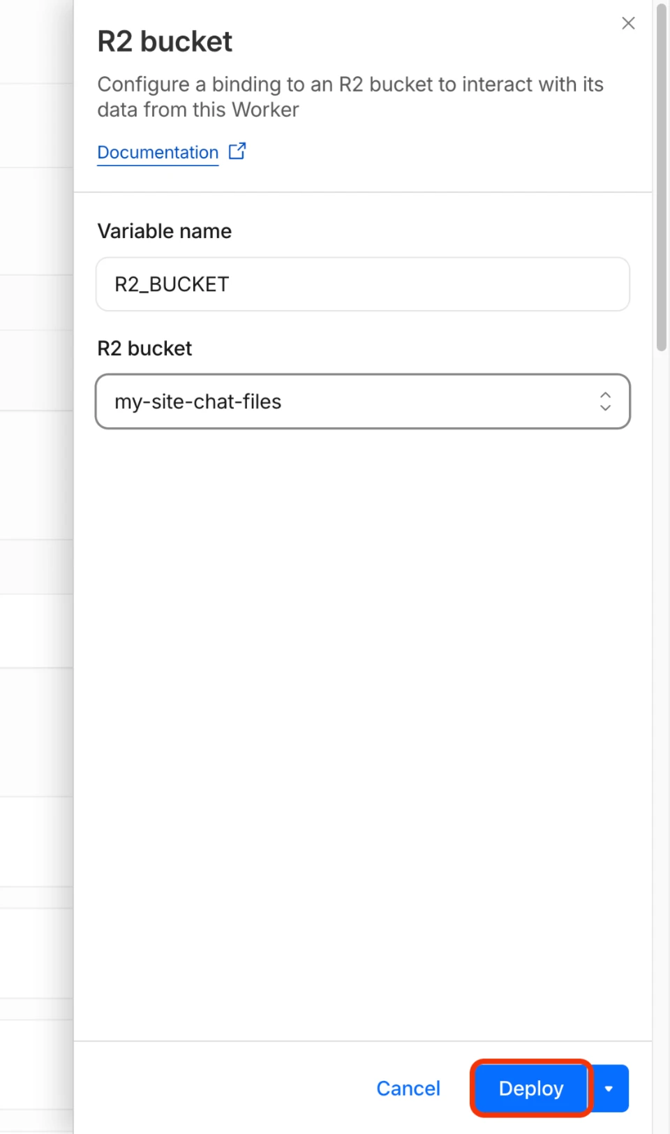 R2 bucket binding form with the variable name R2_BUCKET and the bucket chosen