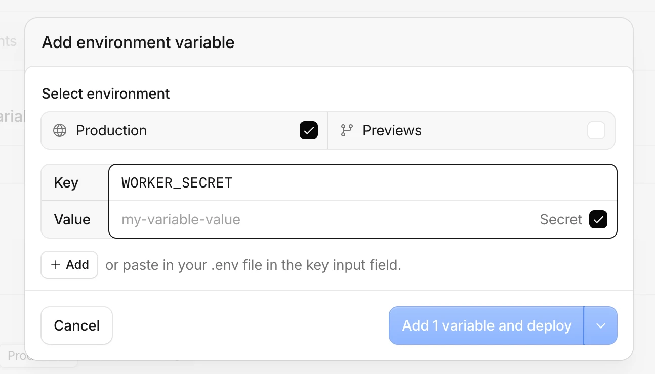 Add environment variable form with the key WORKER_SECRET and Secret ticked