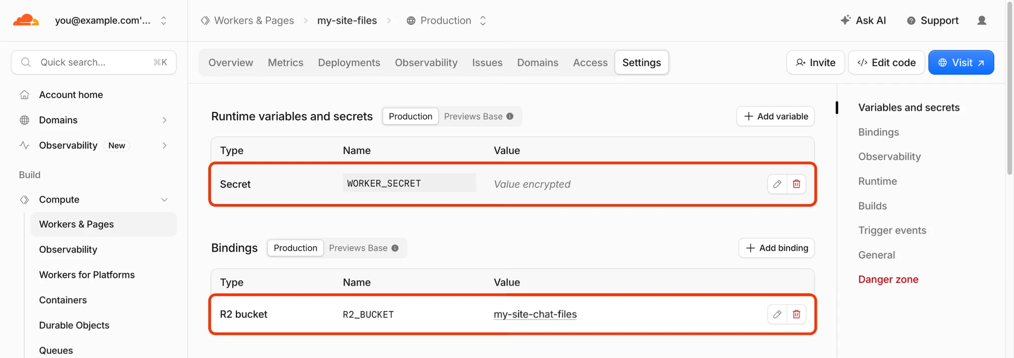 The Worker's settings with the WORKER_SECRET secret and the R2_BUCKET binding