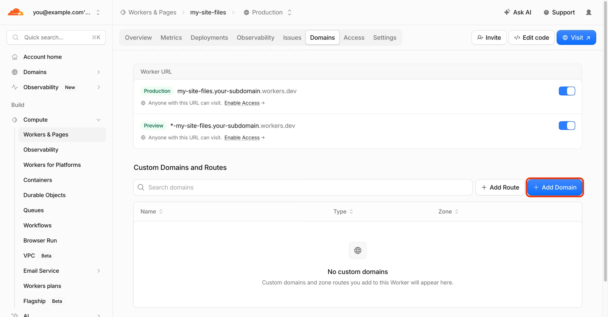 The Worker's Domains tab with its workers.dev address and the Add Domain button