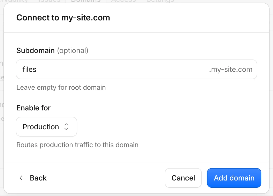 Connect to my-site.com dialog with the subdomain files entered and the Add domain button