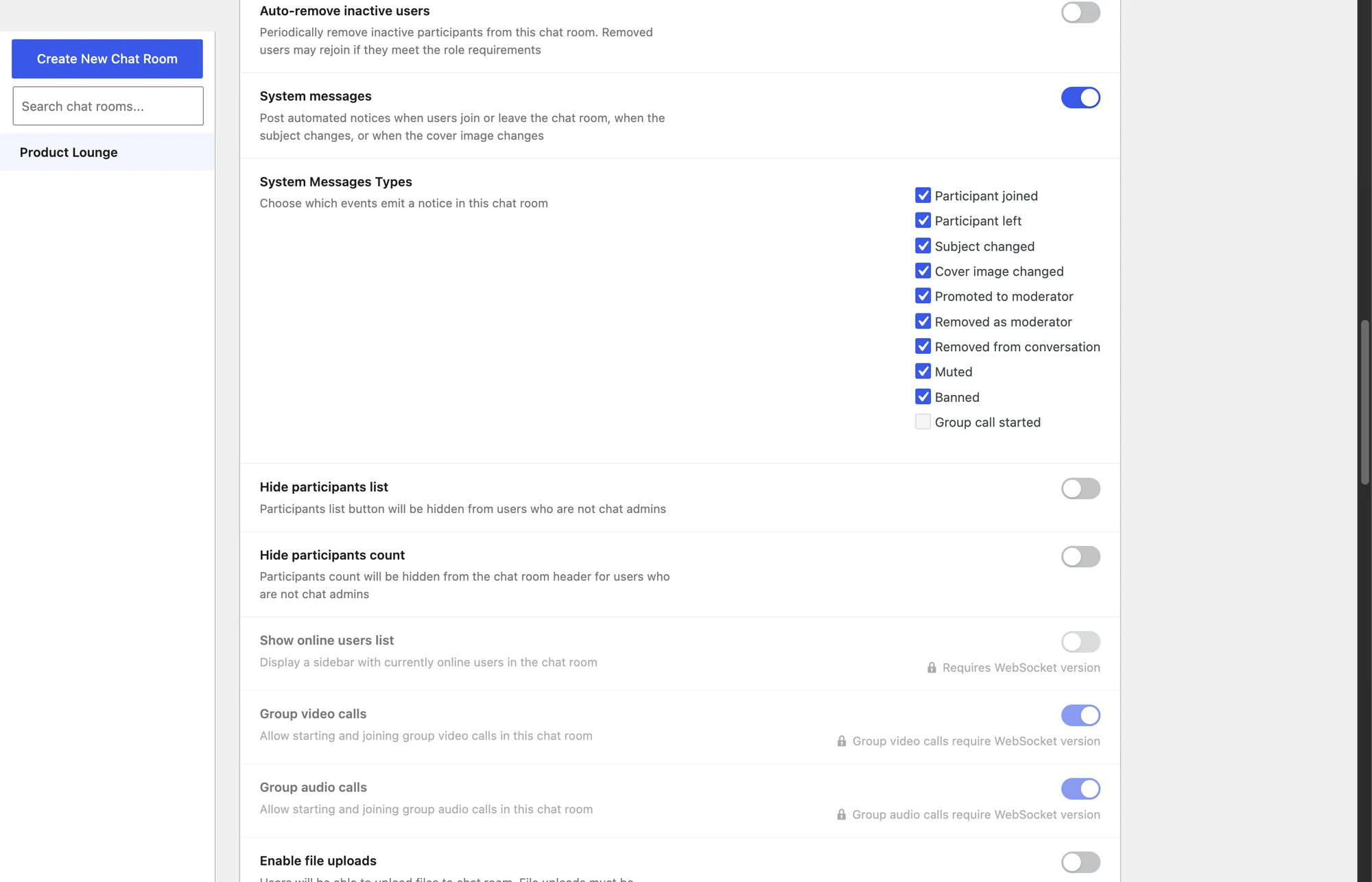 Chat Rooms admin editor showing the System messages master toggle on and the System Messages Types picker with all ten event types checked