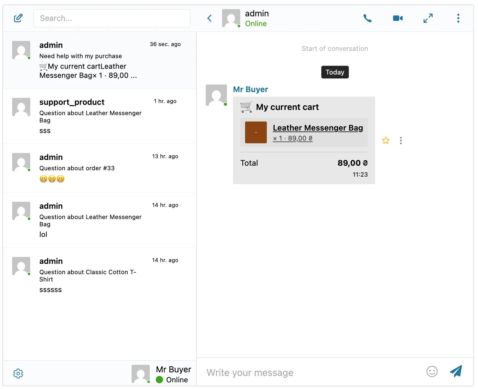 Chat thread showing the customer's WooCommerce cart contents as a rich card