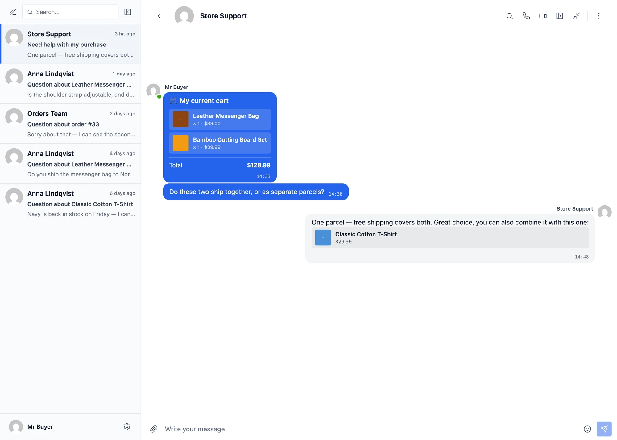 Chat with cart info and product