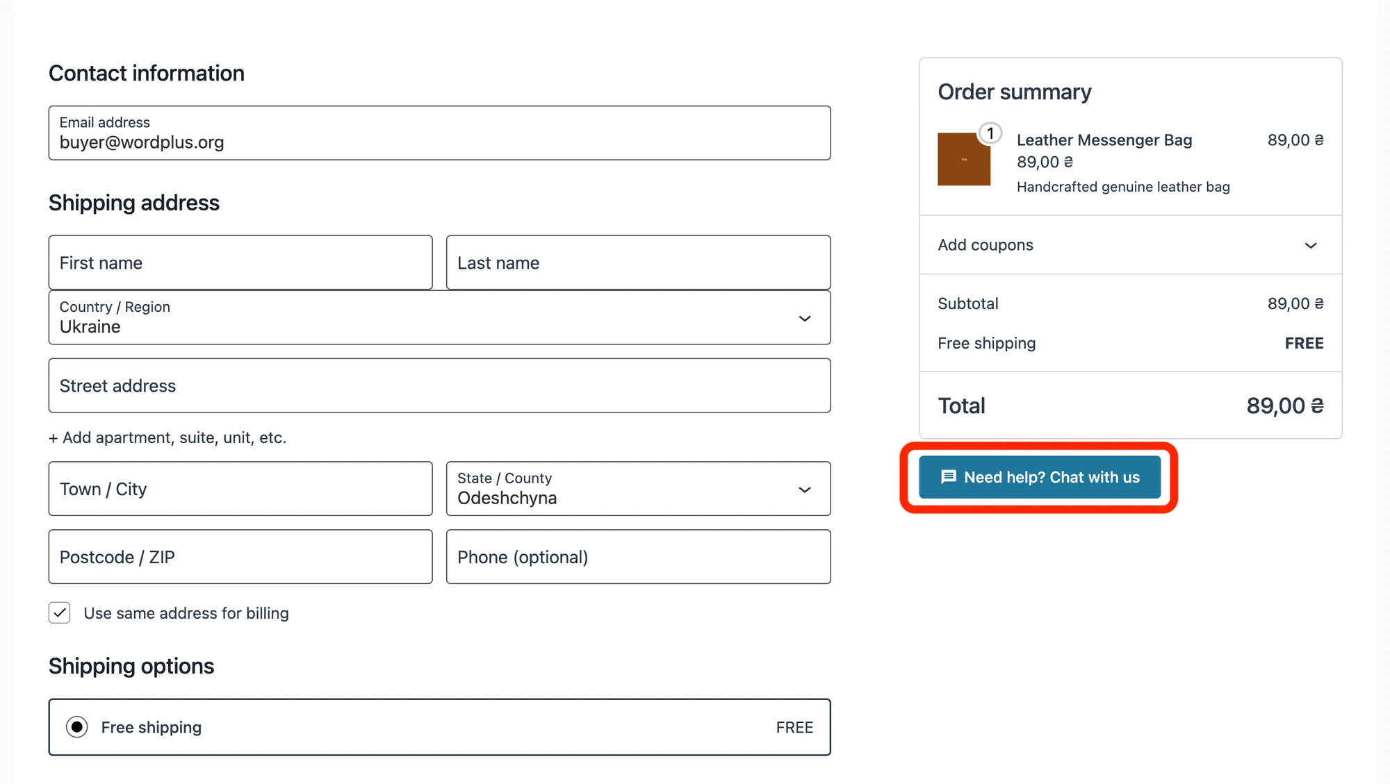 Checkout page button