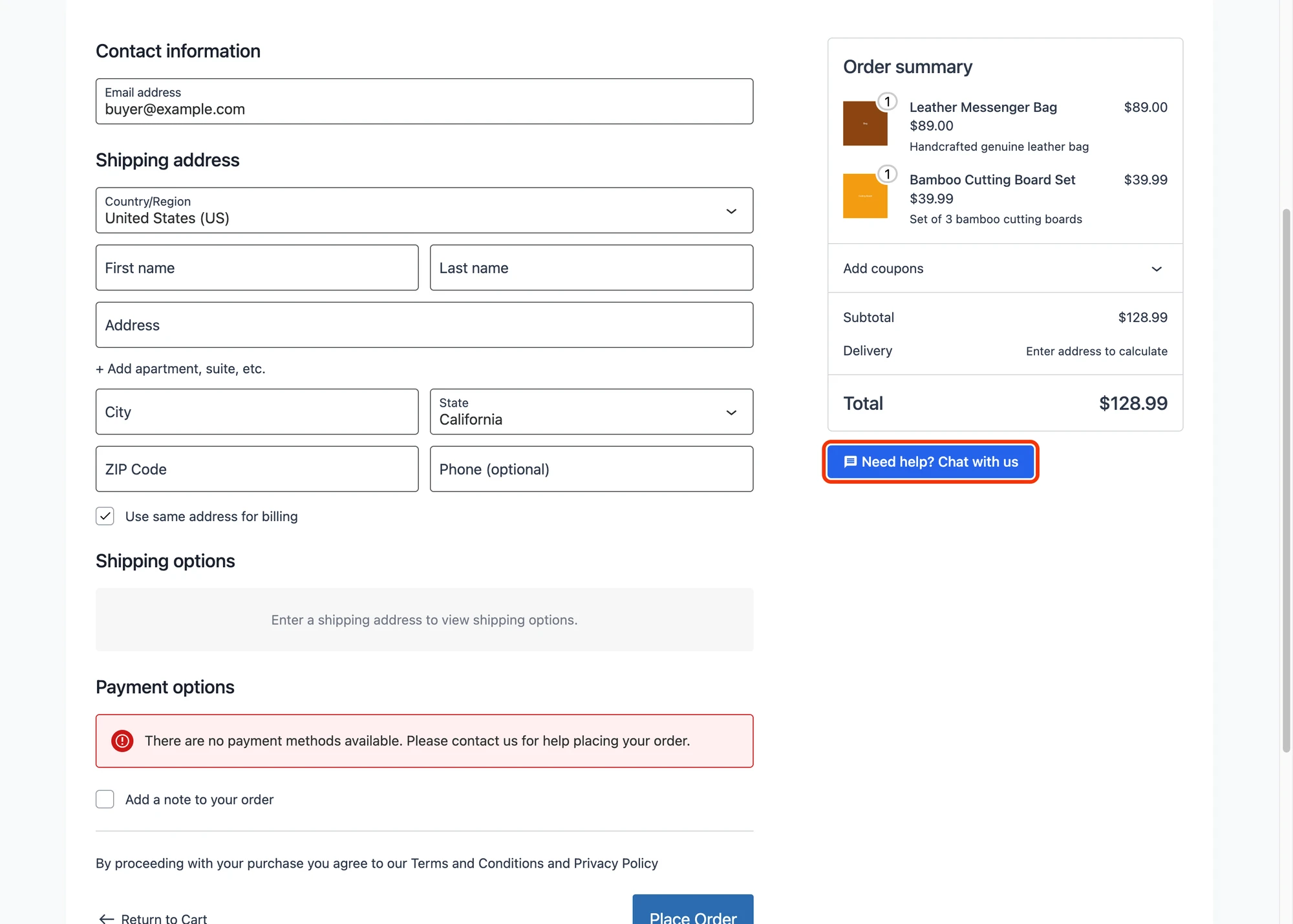 Checkout page button