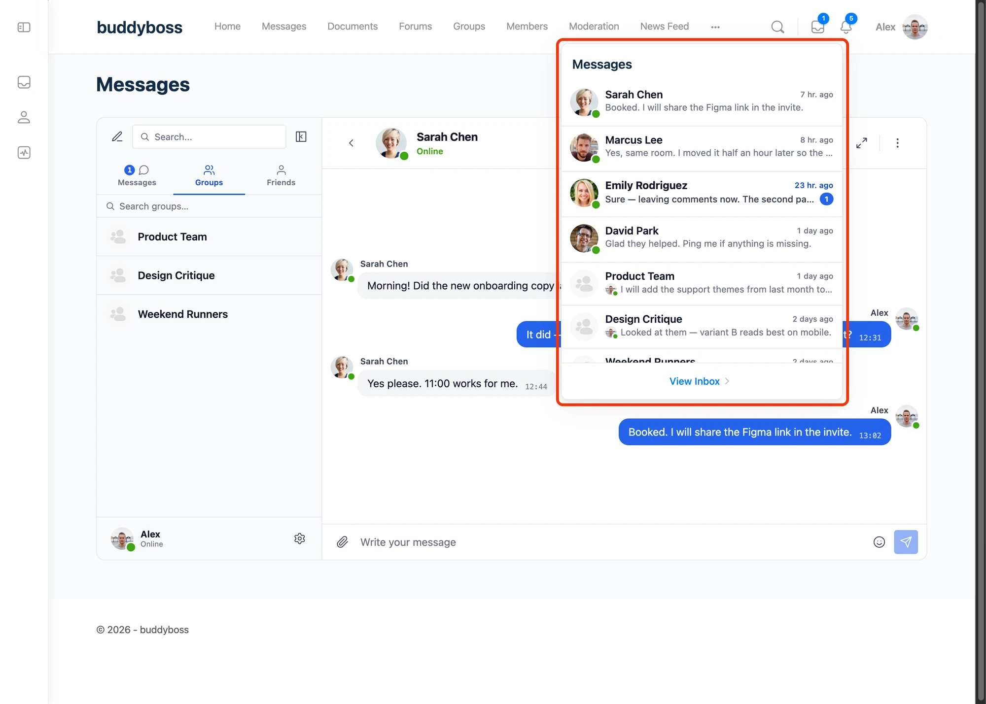 Classic BuddyBoss header inbox dropdown showing recent Better Messages conversations