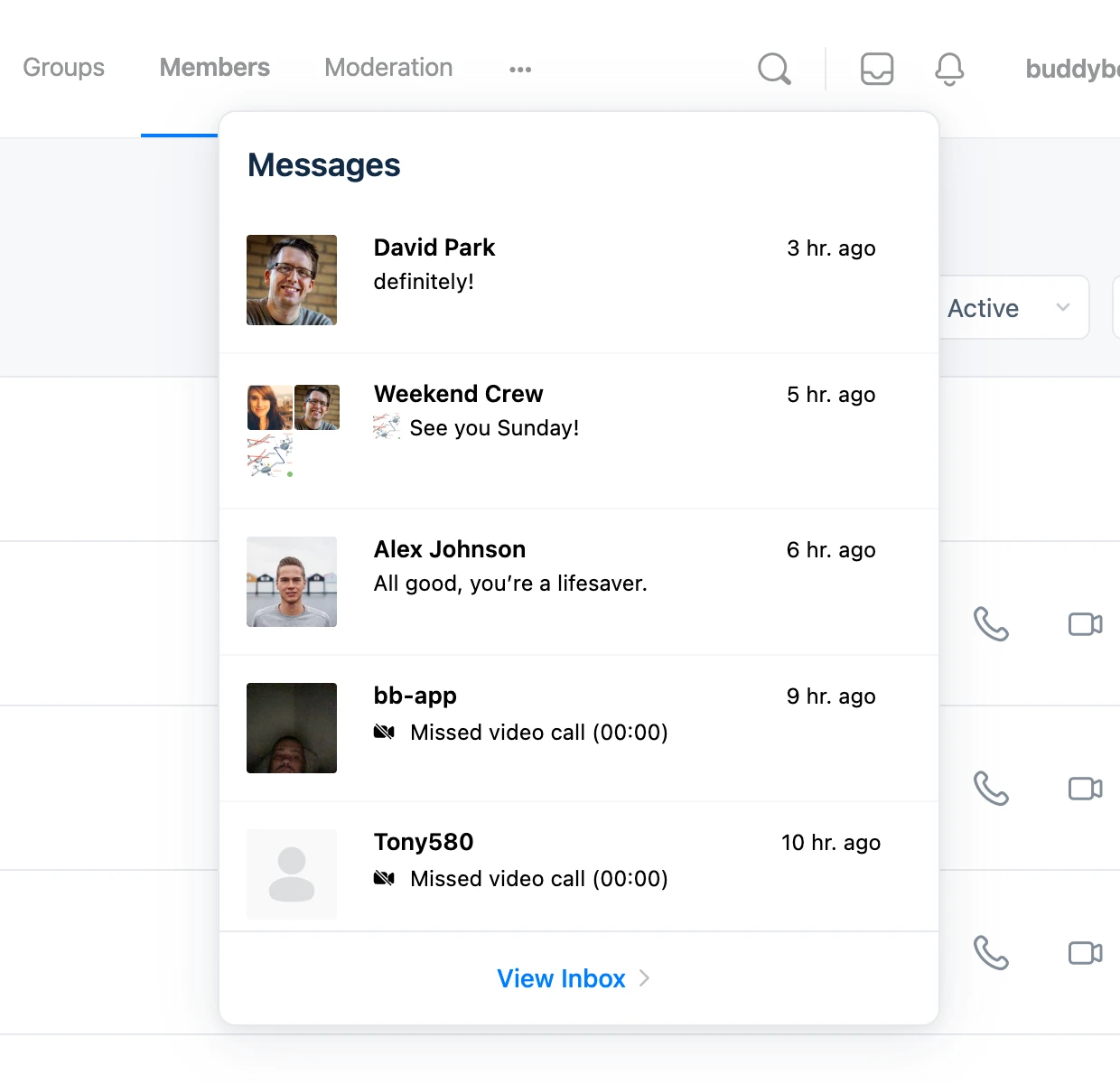 Classic BuddyBoss header inbox dropdown showing recent Better Messages conversations