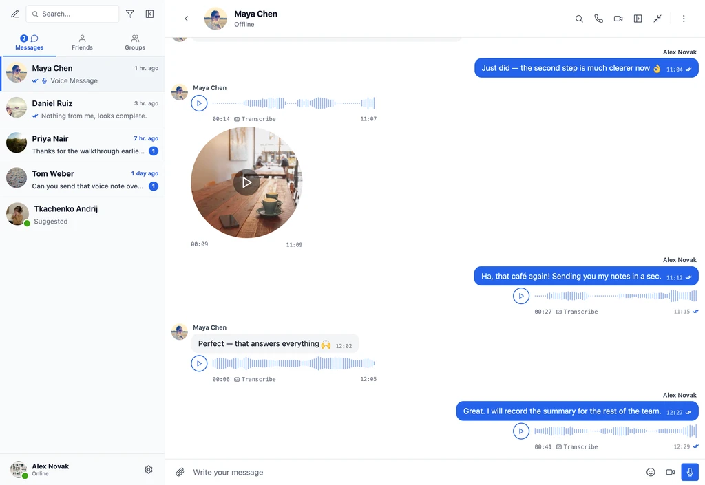 Voice messages and a round video message in a Better Messages conversation