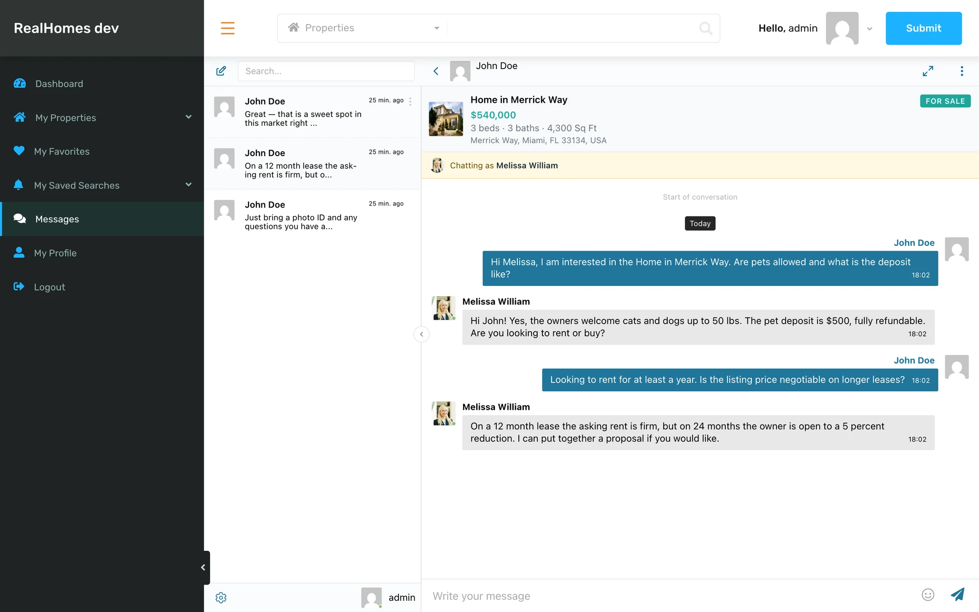 Buyer ↔ agent conversation on the RealHomes dashboard with property context card and persona banner