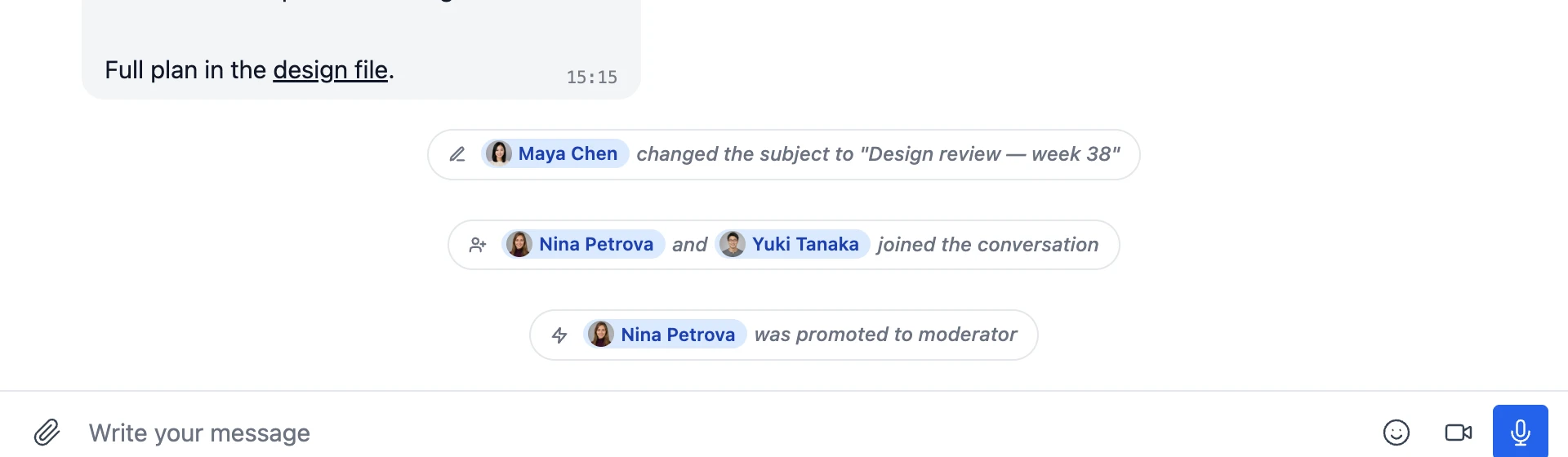 Three system-message pills below a normal message — a subject change, two people joining in one line, and a promotion to moderator — each with its own icon and the participants as avatar chips
