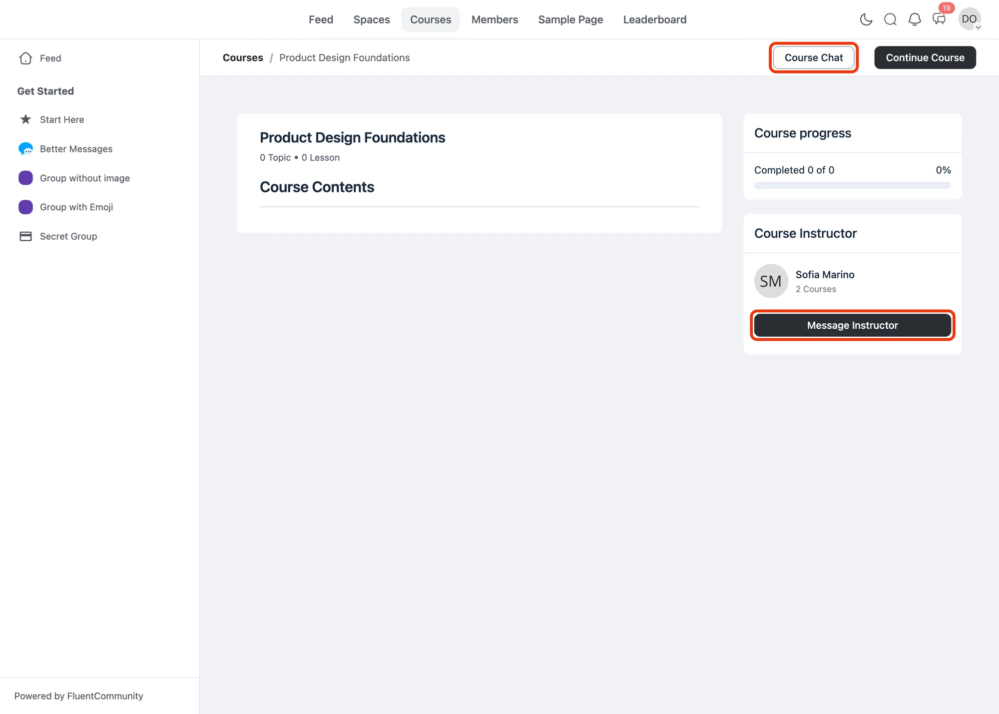 FluentCommunity course page with Course Chat and Message Instructor buttons