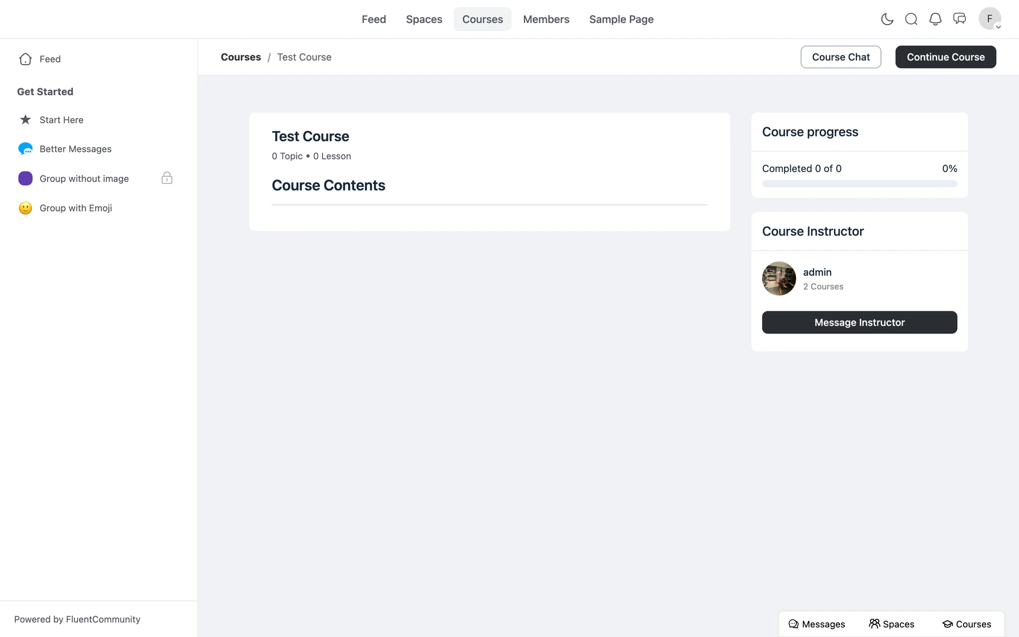 Course Chat and Message Instructor buttons on a FluentCommunity course page