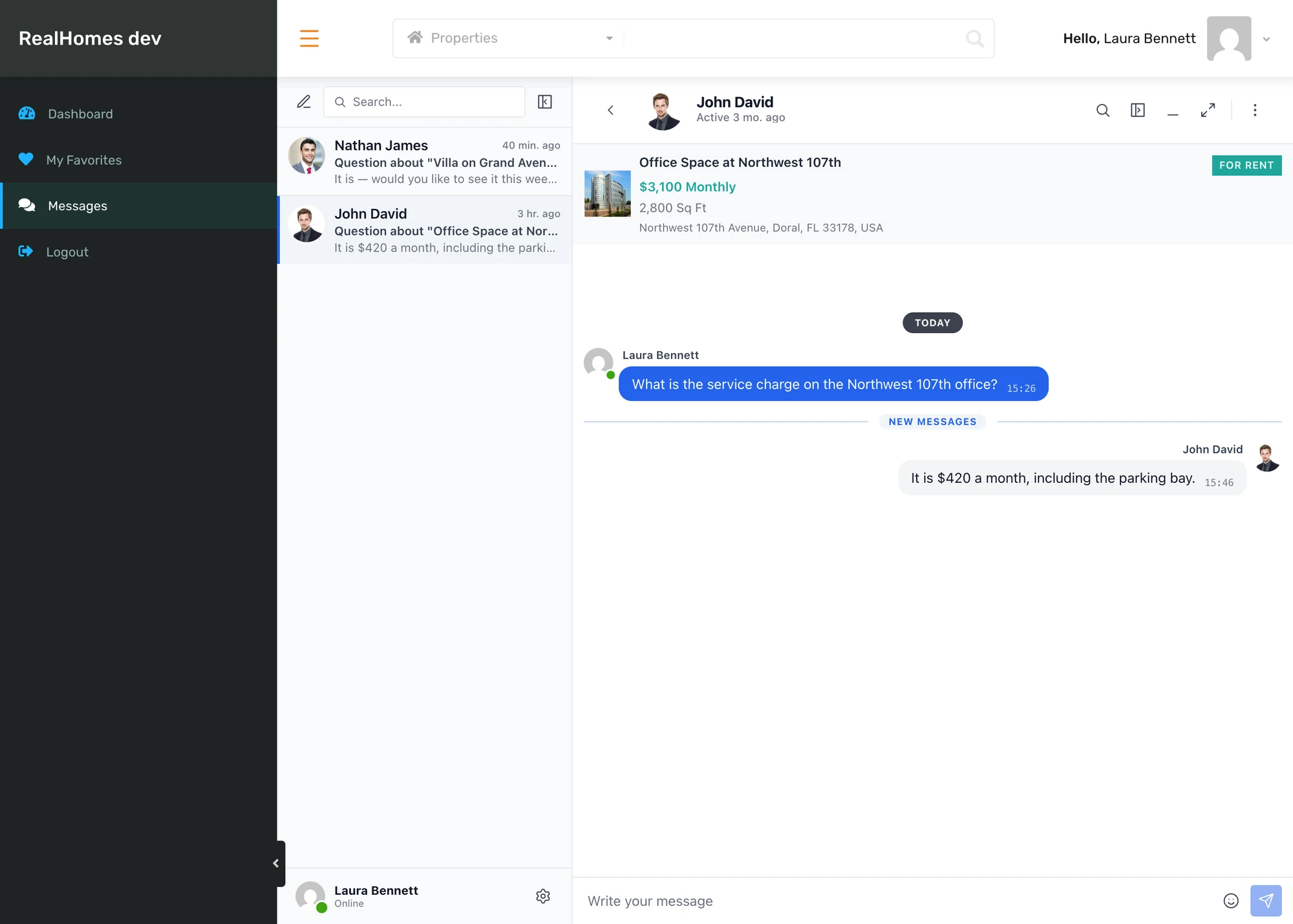 RealHomes user dashboard with the Better Messages inbox loaded inline