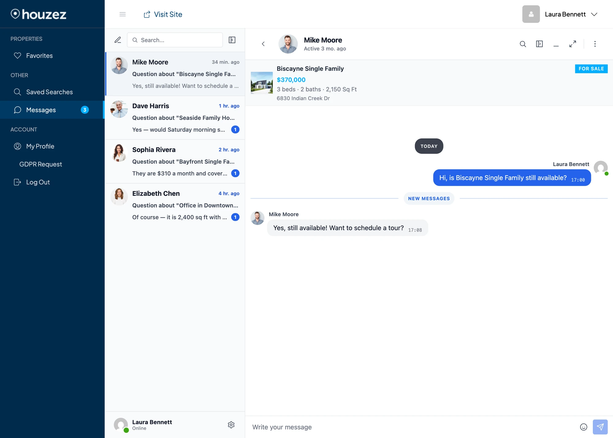 Houzez dashboard with messenger