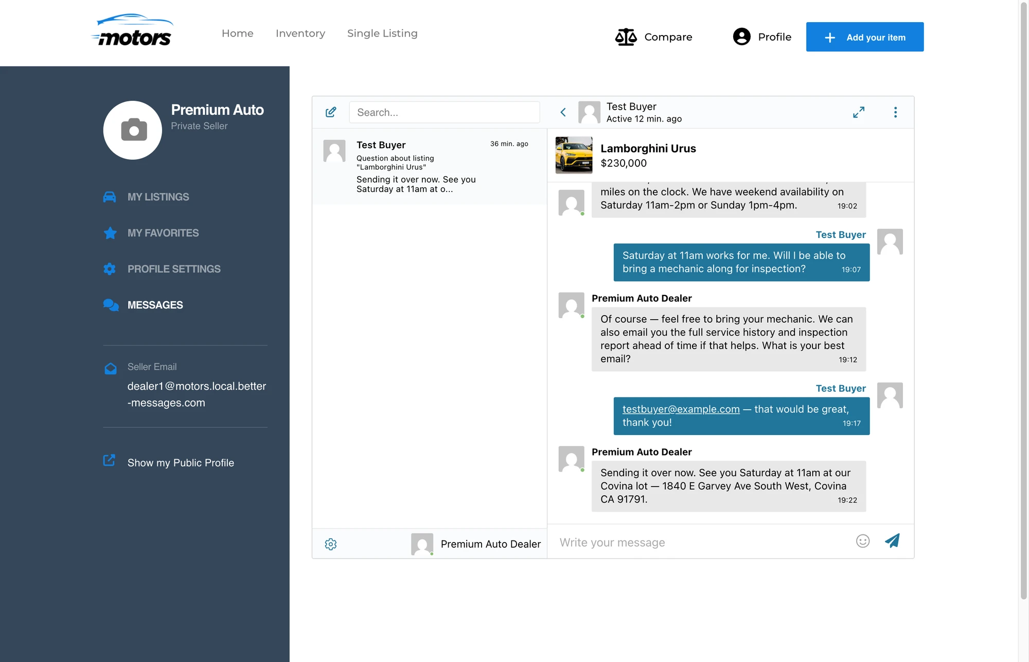 MESSAGES tab inside the Motors dealer dashboard