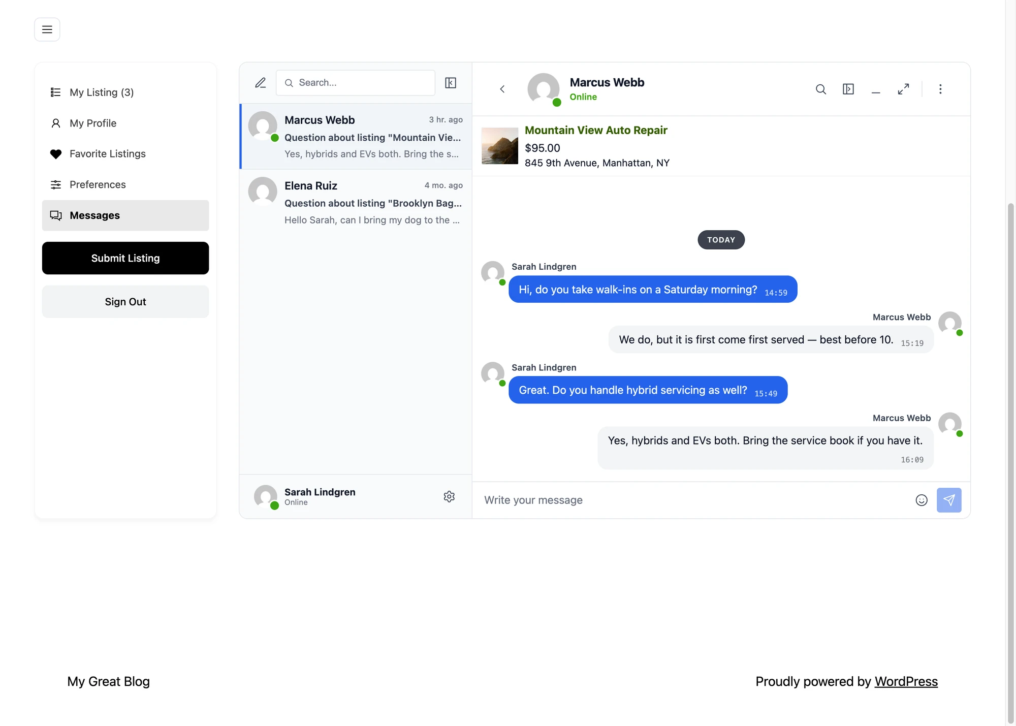 Messages tab inside the Directorist user dashboard