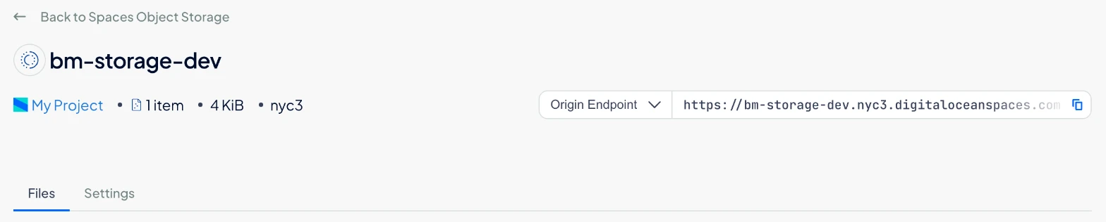 The bucket's page with its region and Origin Endpoint