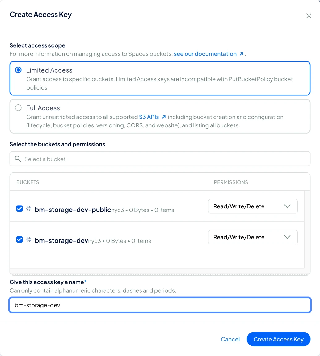 Create Access Key with Limited Access and Read/Write/Delete on the bucket