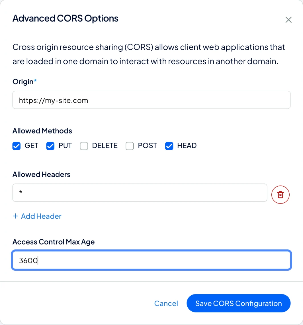 Advanced CORS Options with the site's address, GET, PUT and HEAD, any header and a max age of 3600