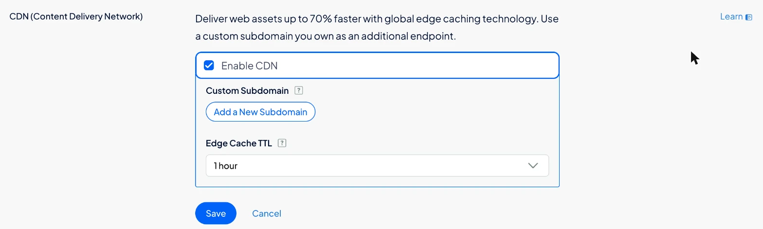 CDN settings of the bucket with Enable CDN, Add a New Subdomain and the Edge Cache TTL
