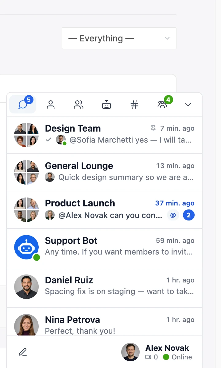 The mini widget floating on a regular WordPress page — the Conversations panel is open in the bottom-right corner, showing the six-tab navigation and a list of recent threads with avatars
