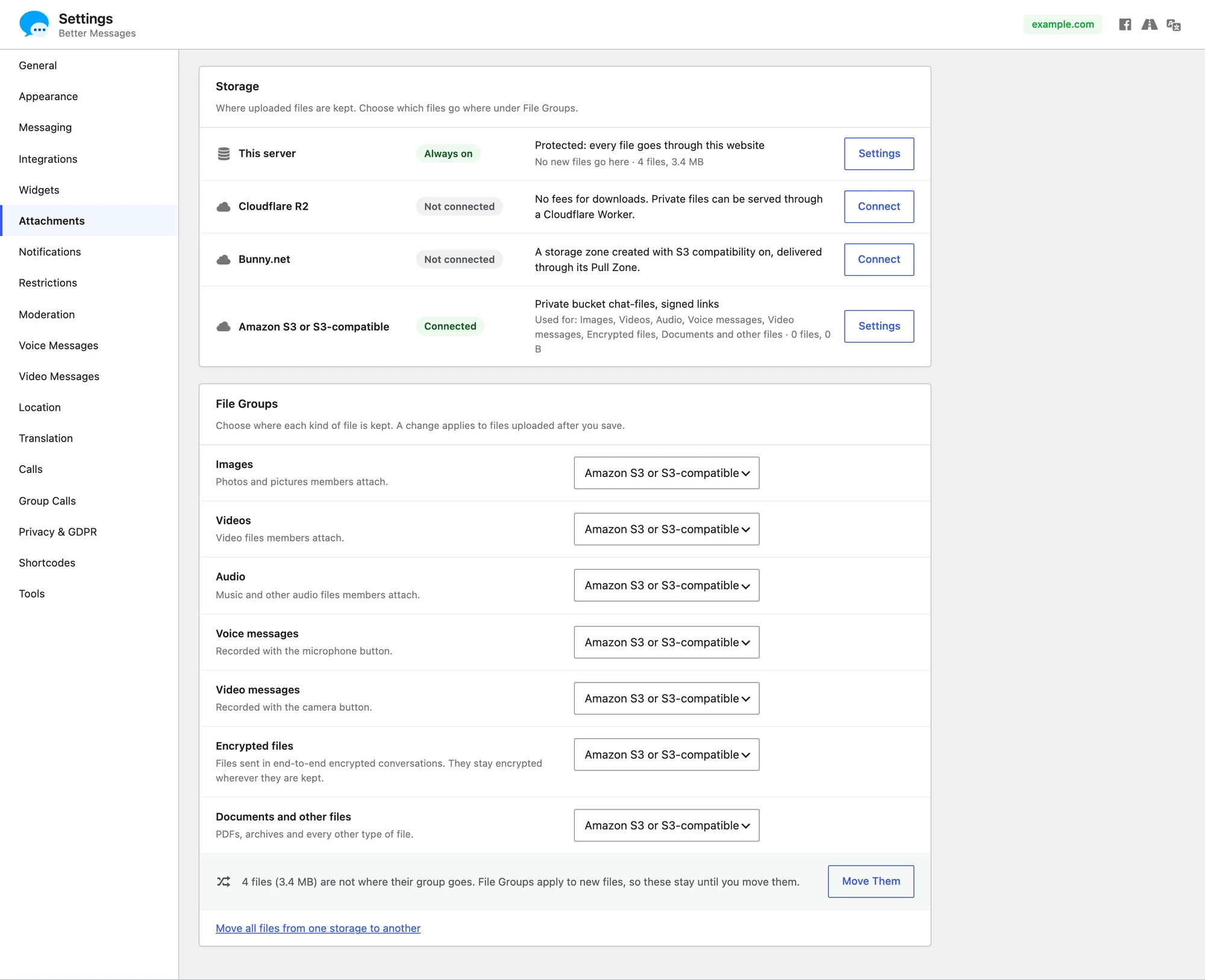 The Attachments settings page with the Storage list and File Groups, and a note that four files are not where their group goes, with a Move Them button