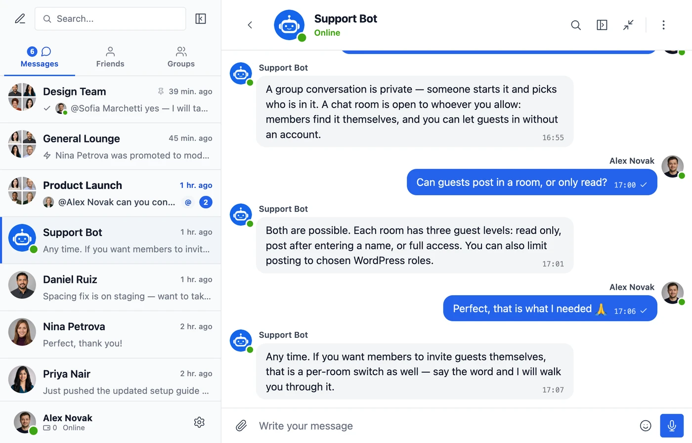 A conversation with Support Bot, an AI chat bot, answering questions about chat rooms and guest access