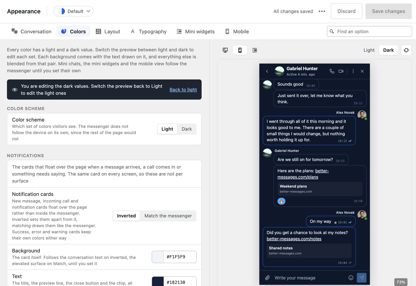 Settings, Appearance, Colors in WP Admin, with the live preview of the messenger on a phone in dark mode