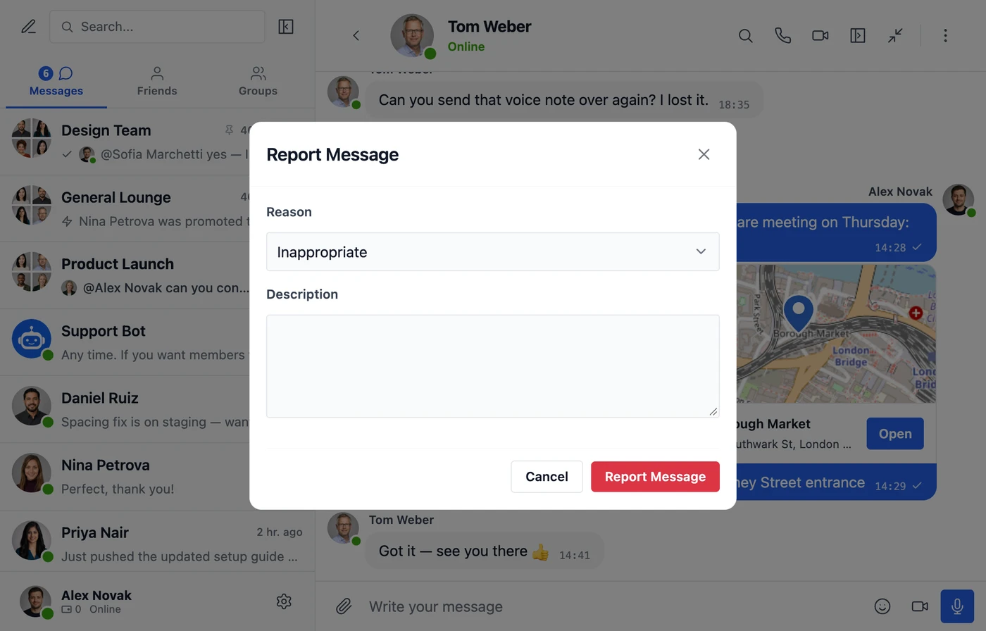 The Report Message dialog over a conversation, with a reason and a description