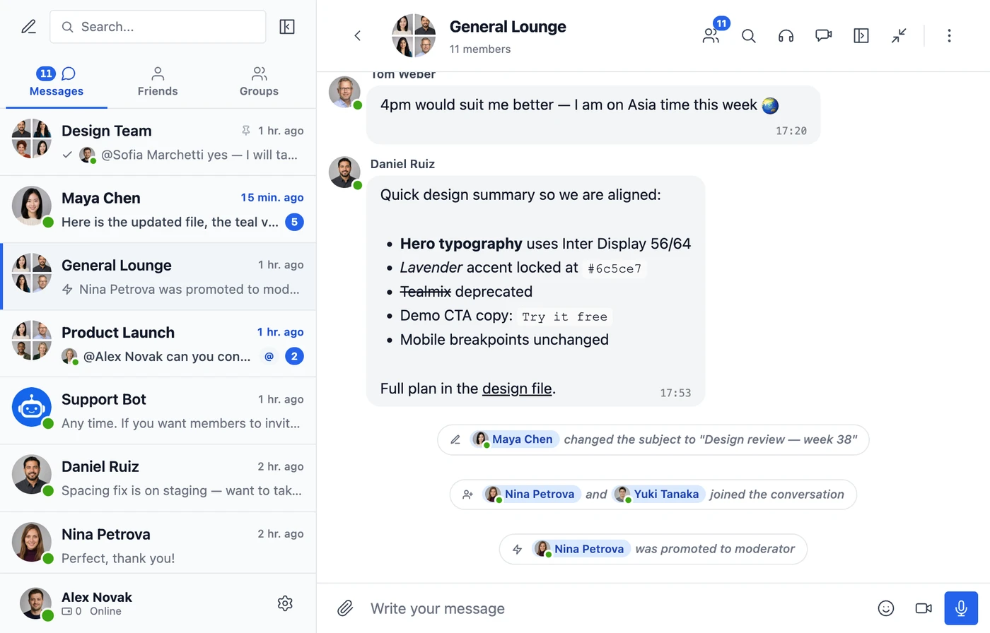 The General Lounge chat room with 11 members: a formatted design summary, and notes that two people joined and one became a moderator