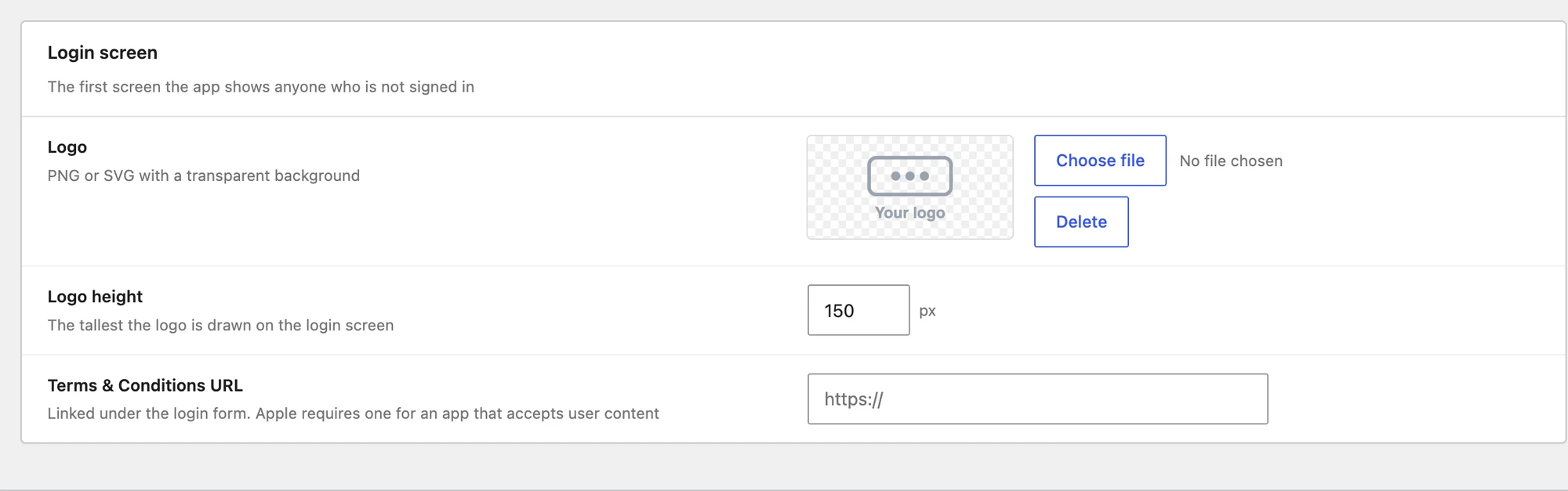 The Login screen section on the Mobile App General tab