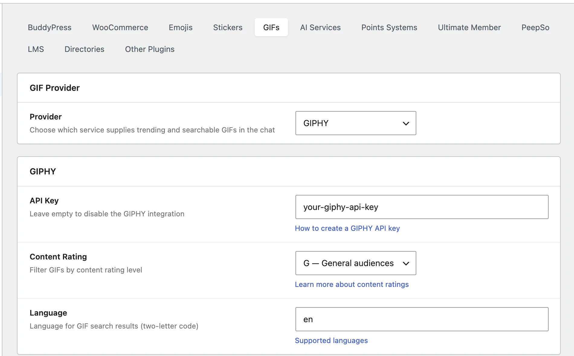 GIFs sub-tab of the Integrations settings with GIPHY selected — API Key, Content Rating and Language