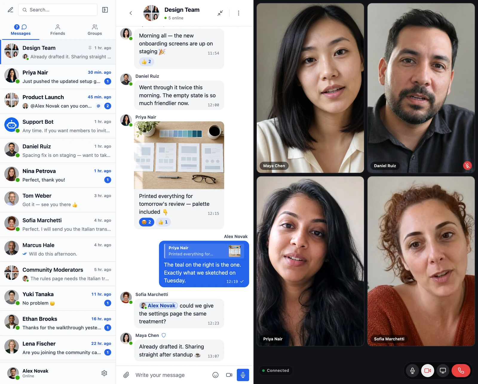 A group video call running beside the conversation: four participants in a 2x2 grid of camera tiles with name labels, one muted, the connection state and the mic, camera, screen-share and hang-up controls along the bottom