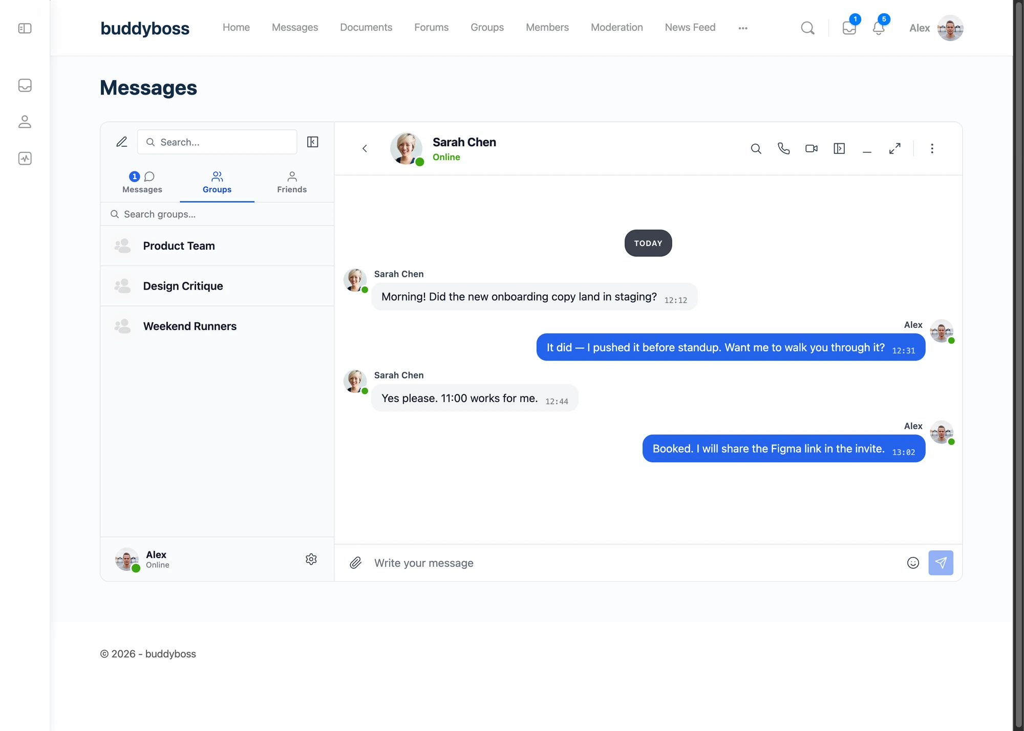 Groups list inside the Better Messages sidebar