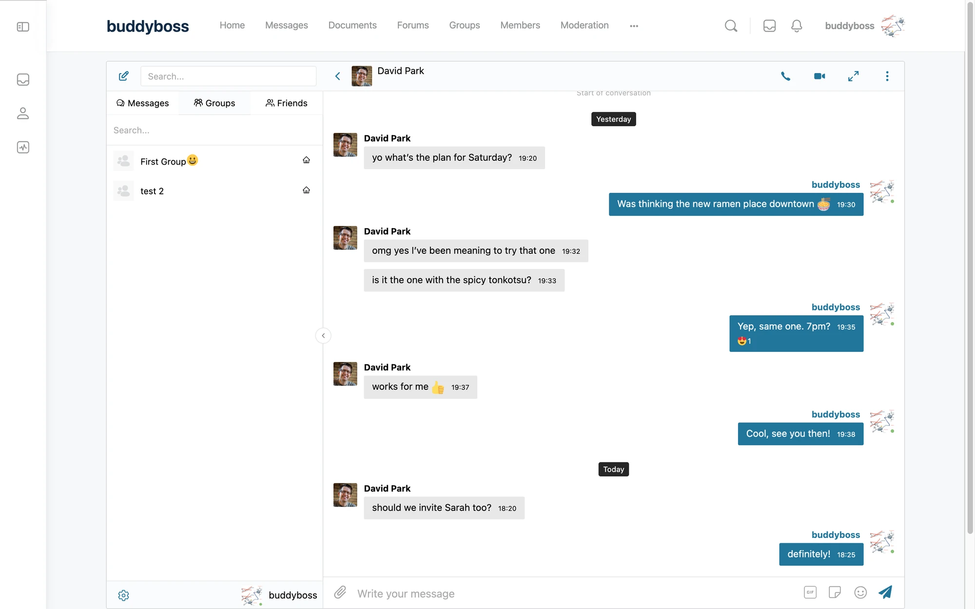 BuddyBoss Groups list inside the Better Messages sidebar