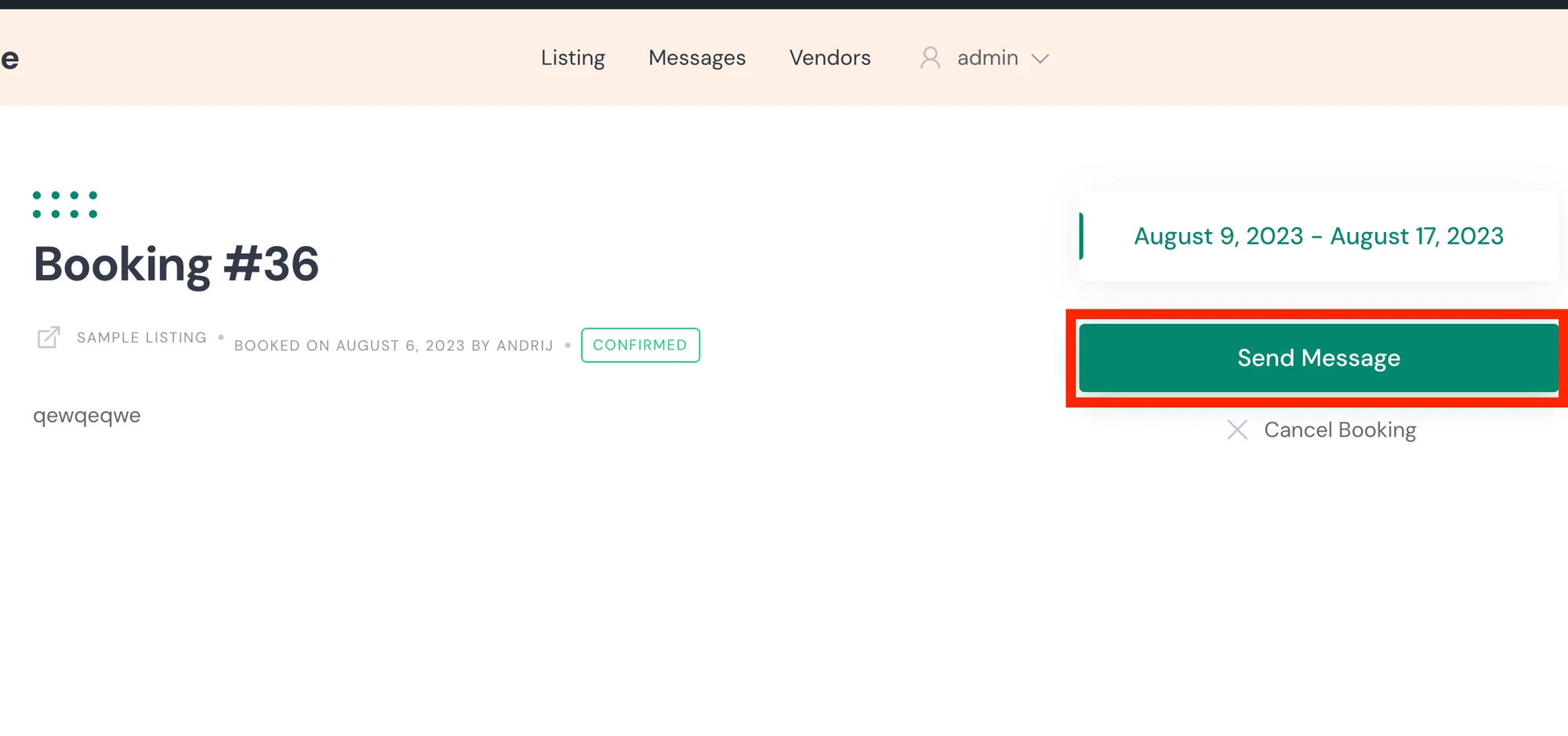 Send Message button on a HivePress booking page