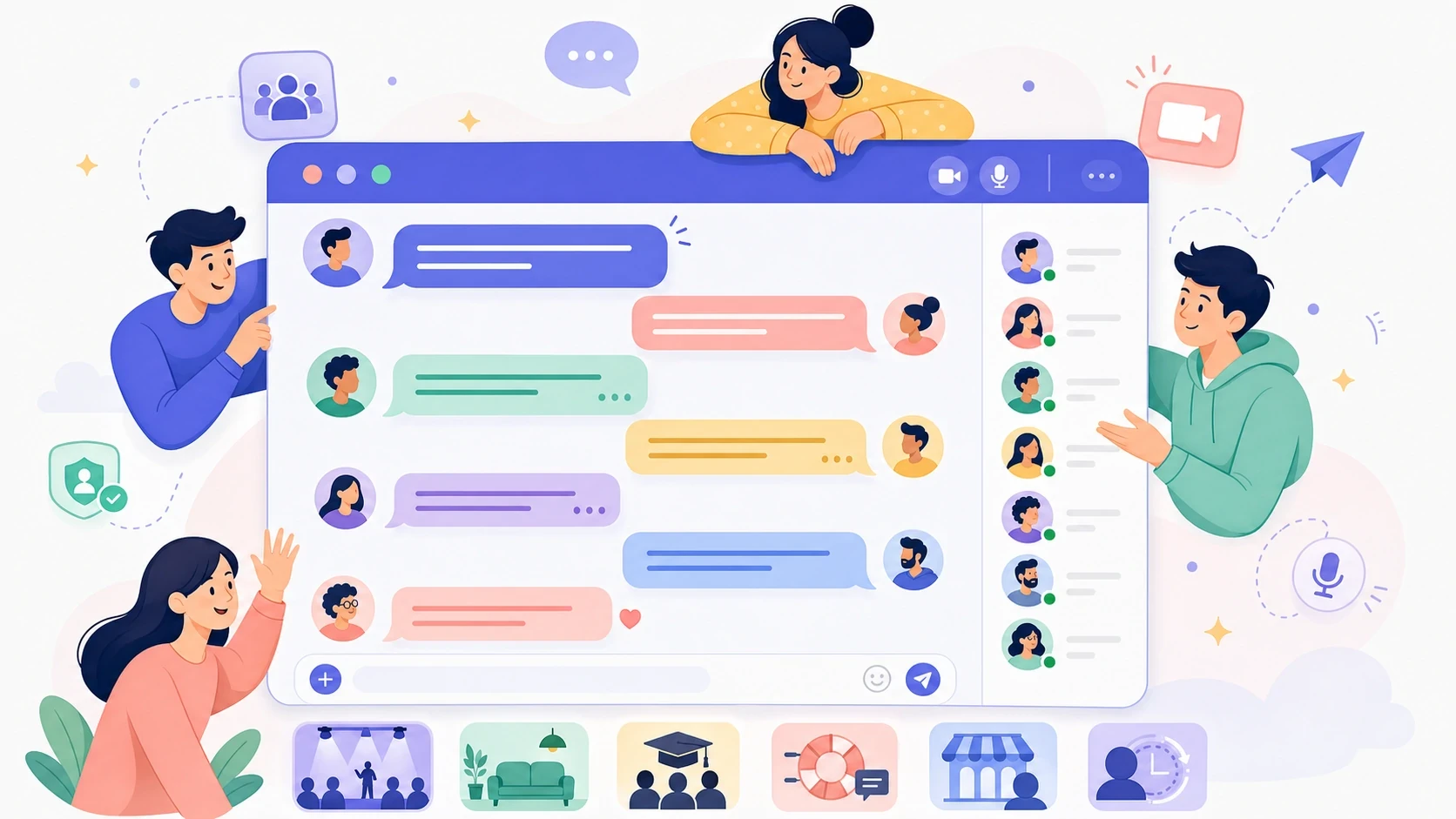 WordPress chat room — multi-participant conversation with online users sidebar embedded on a WordPress page