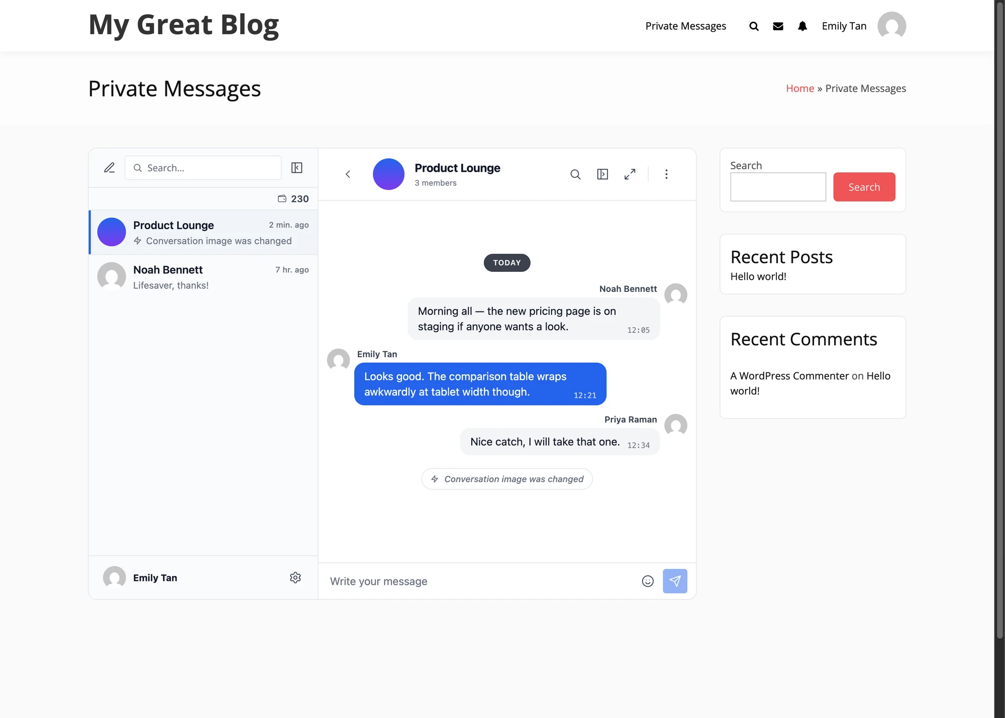 Conversations list with the toggle off — a chat room whose only recent activity is a subject change has jumped to the top