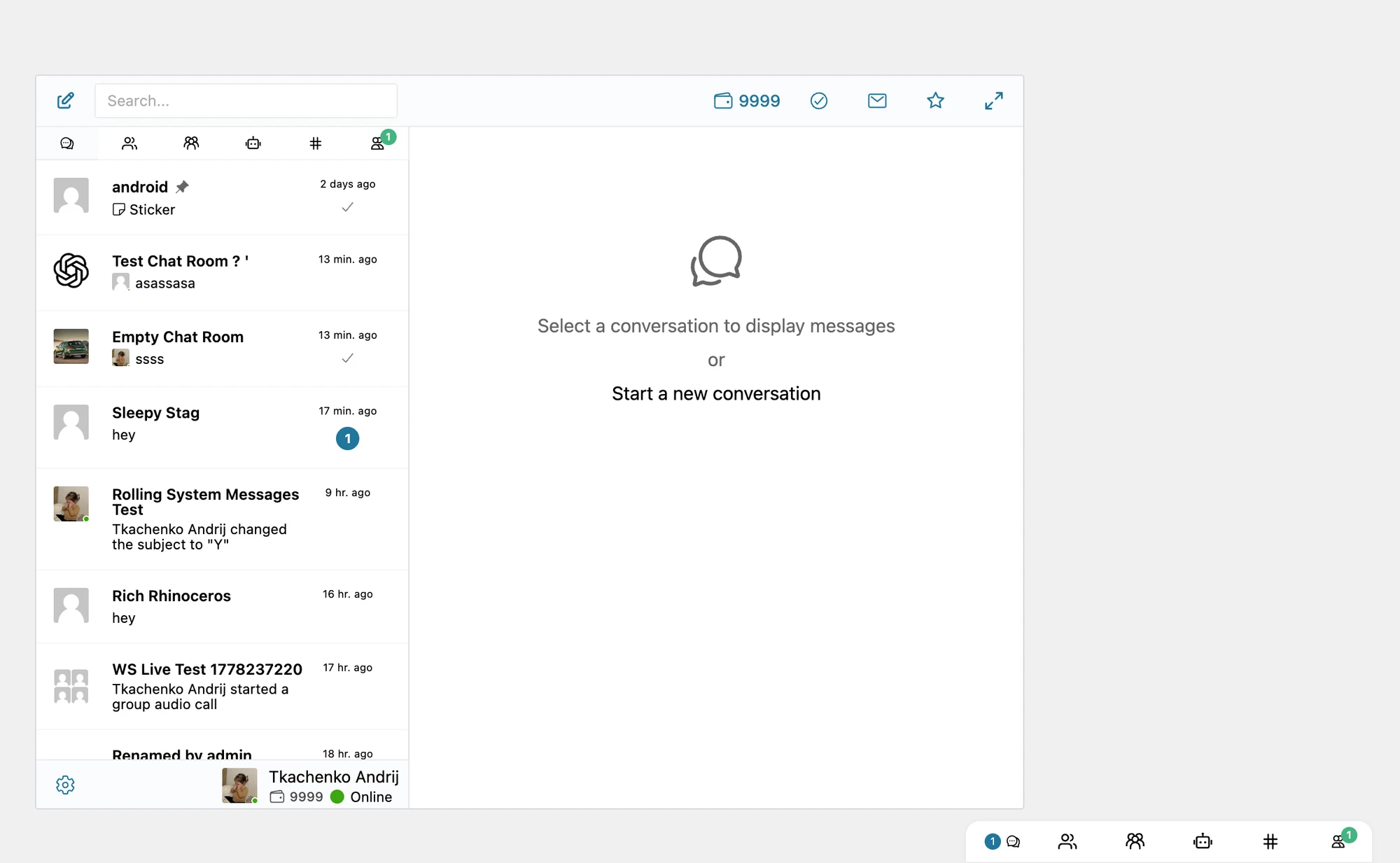 Same conversations list with the toggle ON: the chat-room with the system message stays in its original position, sorted by the last real chat message; the system message still shows in the preview line