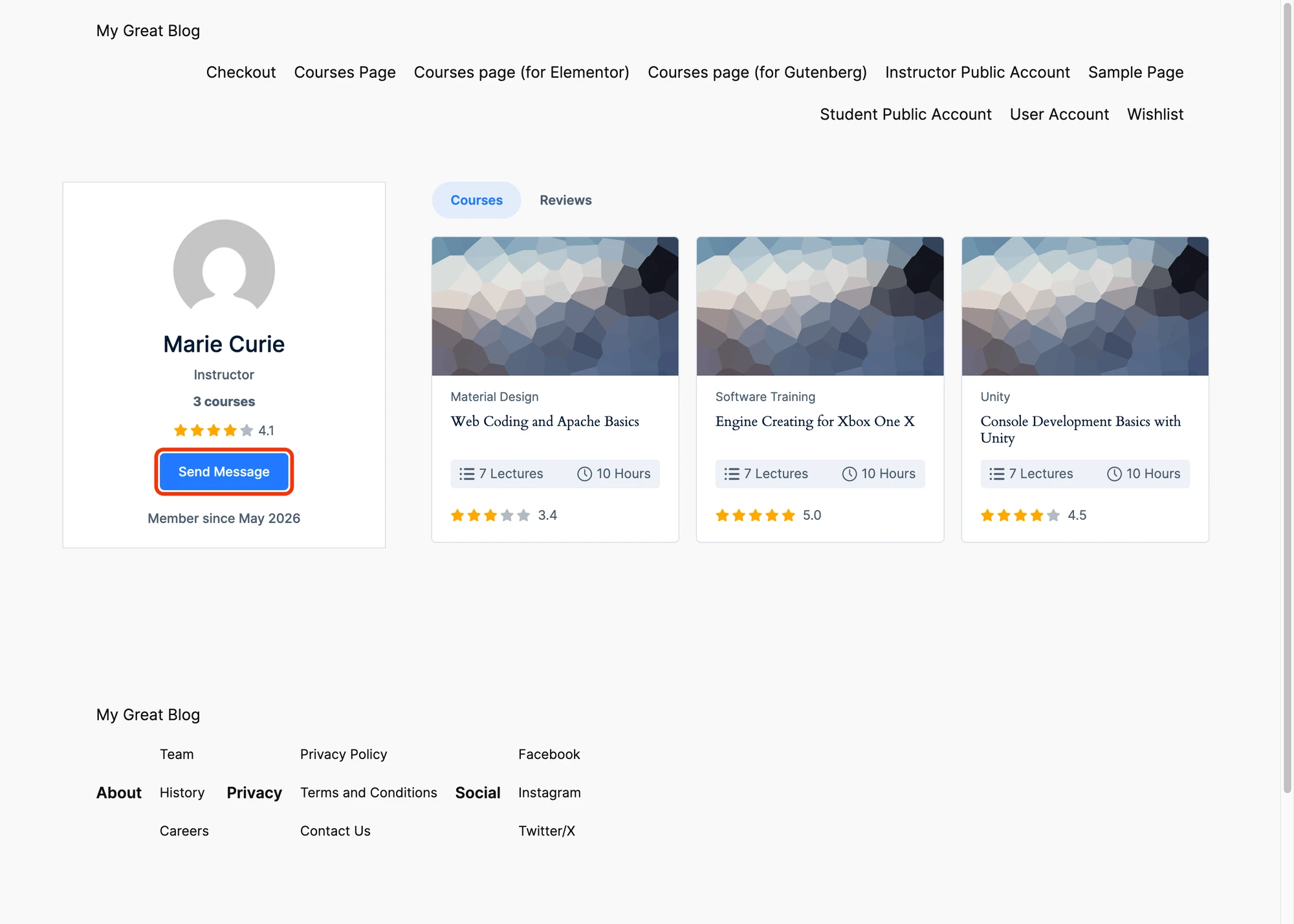 Send Message button on the instructor profile page