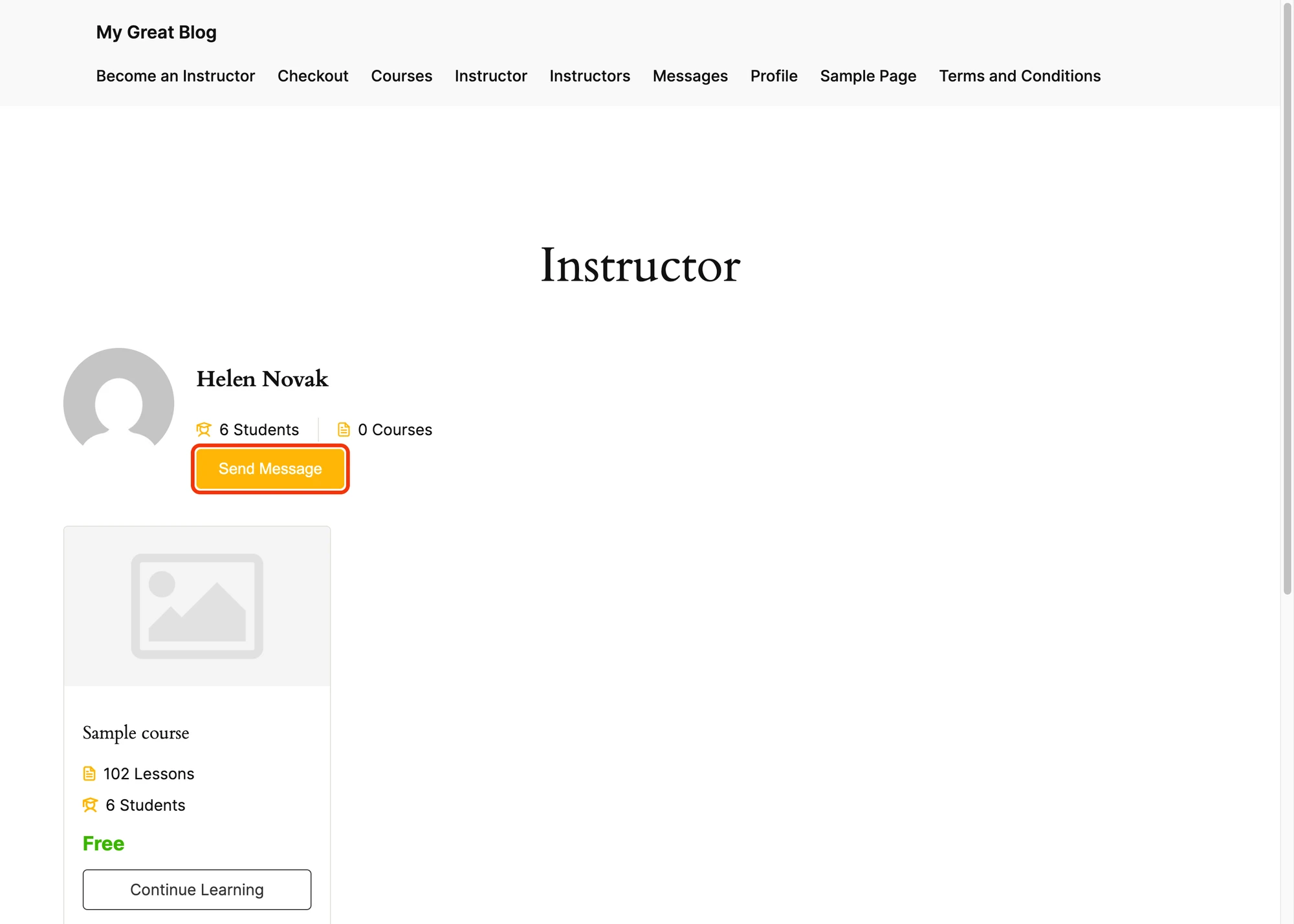 Send Message button on the instructor profile page