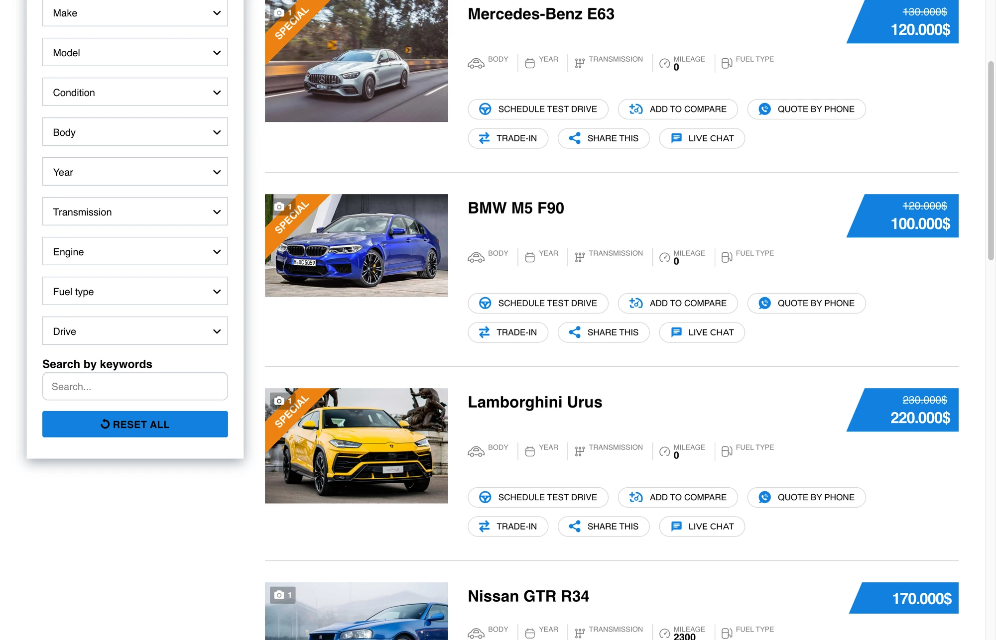 LIVE CHAT pill inline on Motors inventory list cards