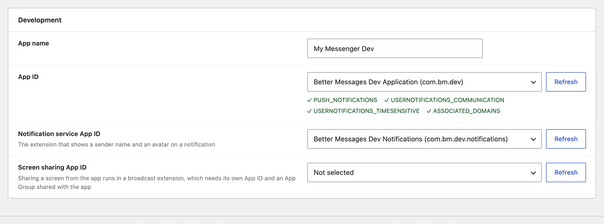 iOS development build settings in Better Messages