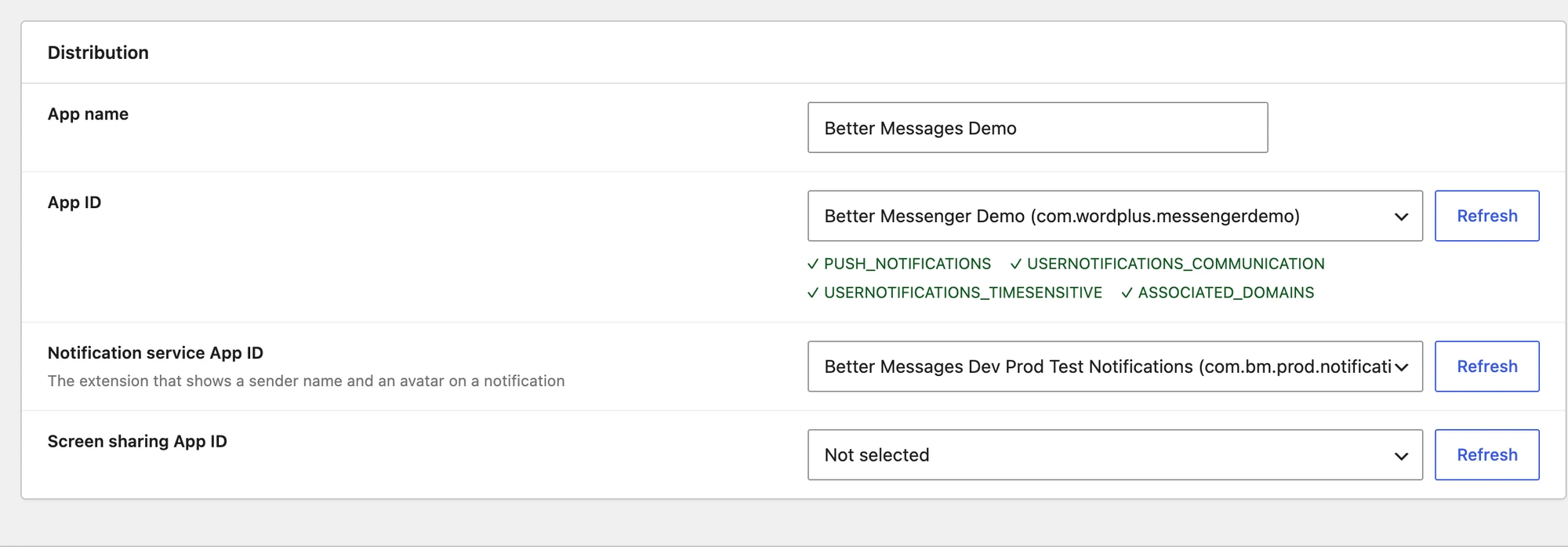 The Distribution section on the iOS tab, with the same four fields as Development